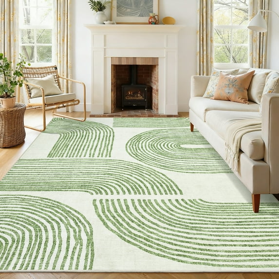 FairOnly Green 5'x7'Modern Geometric Rhythmic Arc Area Rug for Home Decor Machine Washable Low Pile Non Slip Soft Rug for Living Room Bedroom Kitche Laundry
