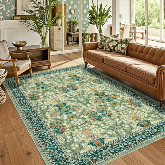 FairOnly Green 6'x9'Modern Washable Floral Printed Rugs for Dinning Room Non Slip Low Pile Area Rug for Bedroom