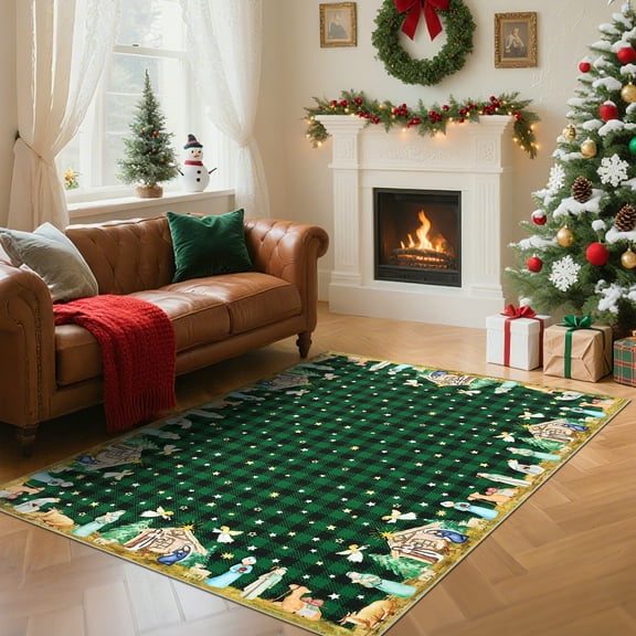 FairOnly Green 8'x10'Classical Grid Christmas Area Rug for Living Room Ultra Thin Washable Non Slip Non Shedding Festive Decor Rug for Home Spaces