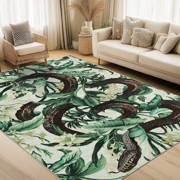 FairOnly Green 8'x10'Pastoral Washable Non Slip Area Rug for Living Room Low Pile Foldable Snake Pattern Rug for Bedroom Kitchen