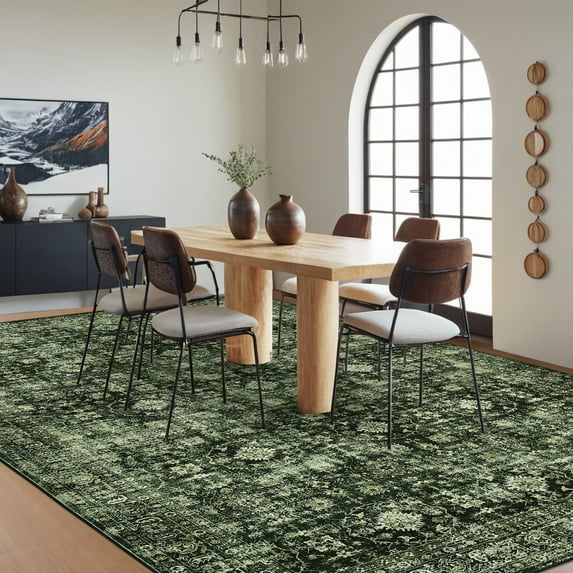 FairOnly Green 8'x10'Vintage Distressed Floral Area Rug Machine Washable Ultra Thin Low Pile Non-Slip Oriental Rug for Living Room Bedroom Kitchen
