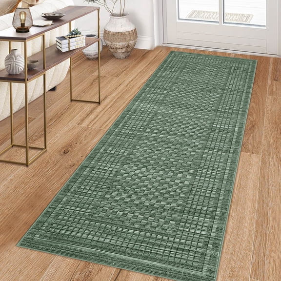 FairOnly Green Geometric 2'x6'Non Slip Washable Runner Rug for Modern Living Room Low Pile Foldable Floor Carpet for Entryway Laundry Kitchen