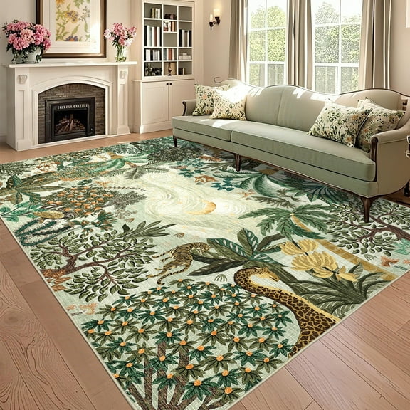 FairOnly Green Jungle Safari Machine Washable Area Rug Wild Animal & Plant Non-Slip Living Room Rug for Indoor Home Decor,9'x12'