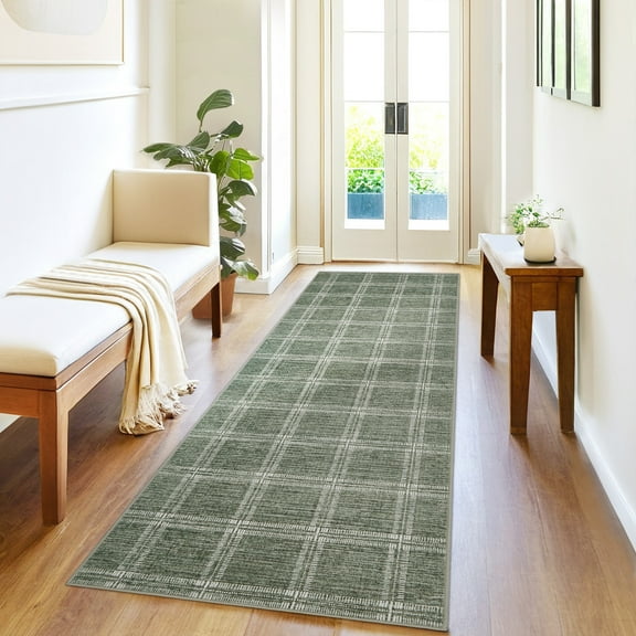 FairOnly Green Modern Geometric Checkered 2'x6'Runner Rug for Living Room Machine Washable Low Pile Pet Friendly Non Slip Rug for Bed Kitchen Hallway Laundry