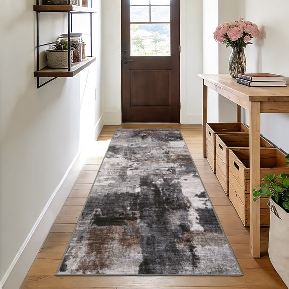 FairOnly Grey 2'x6'Abstract Machine Washable Runner Rug Pet Friendly Low Pile Non Slip Contemporary Floor Rug for Kitchen Entryway Hallway Laundry