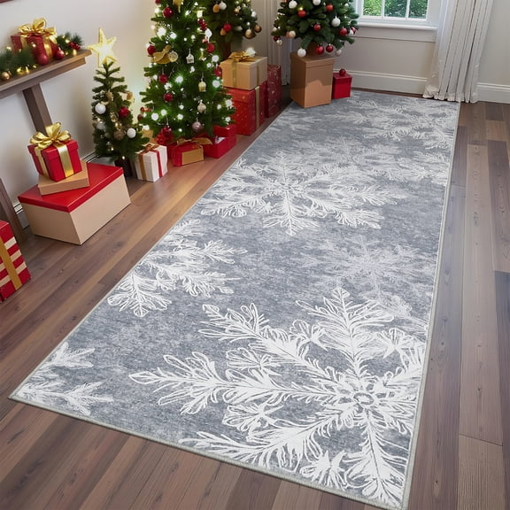 FairOnly Grey 2'x8'Snowflakes Christmas Runner Rug for Hallway Ultra Soft&Thin Low Pile Non Slip Floor Rug for Dining Room Kitchen Bedroom