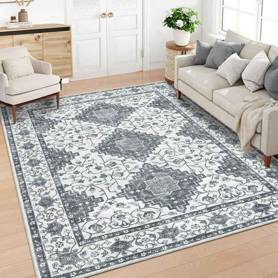 FairOnly Grey 5'x7'Floral Printed Rugs for Living Room Vintage Stain Resistant Soft Low Pile Area Rugs for Kitchen Dining Room