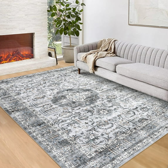 FairOnly Grey 6'x9'Vintage Floral Area Rug for Living Room Non Slip Low Pile Foldable Distressed Carpet for Bedroom Kitchen