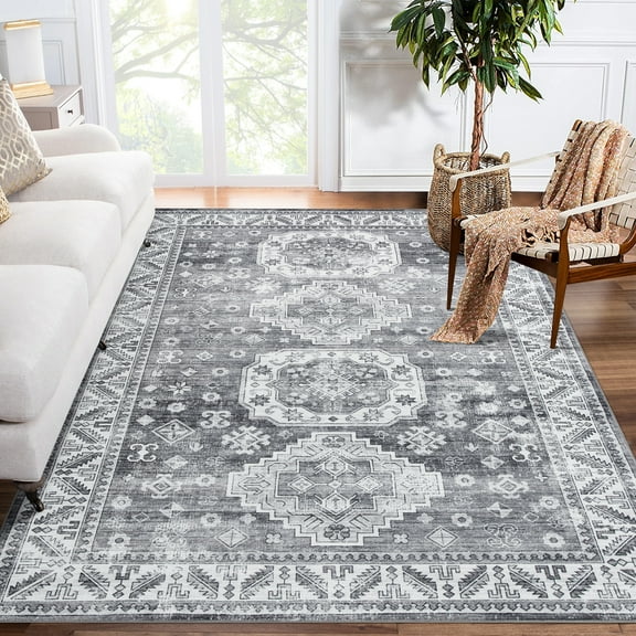 FairOnly Grey 8'x10'Low Pile Vintage Washable Floral Indoor Area Rug for Bedroom Medallion Non Slip Floor Rug for Living Room Kitchen
