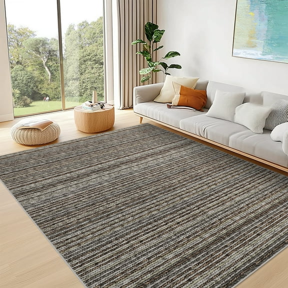 FairOnly Grey 8'x10'Modern Striped Machine Washable Non Slip Area Rug for Bedroom Ultra Thin&Soft Low Pile Indoor Rug for Living Room Kitchen Dinning Room