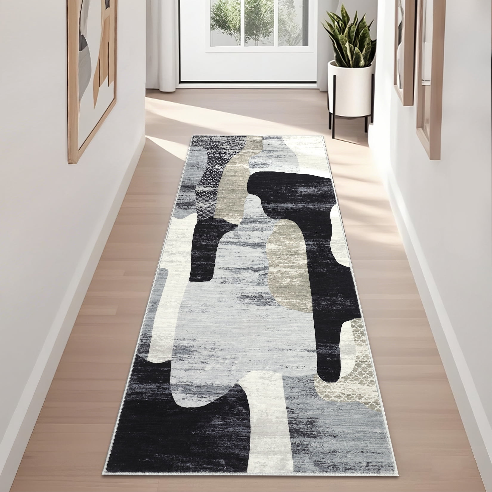 FairOnly Grey Abstract Low Pile Machine Washable 2'x6' Runner Rug Modern Color Block Non Slip Rugs for Beroom Kitchen Bathroom