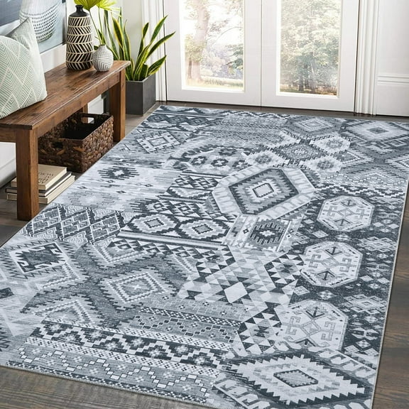 FairOnly Grey Bohemian Geometric Low Pile 5'x7'Area Rug for Living Room Non Slip Stain Resistant Floor Cover for Bedroom Dining Room
