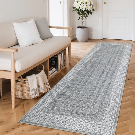 FairOnly Grey Modern Geometric Machine Washable 2'x6'Runner Rug for Kitchen Entryway Non Slip Ultra Thin Low Pile Rug for Laundry Bathroom