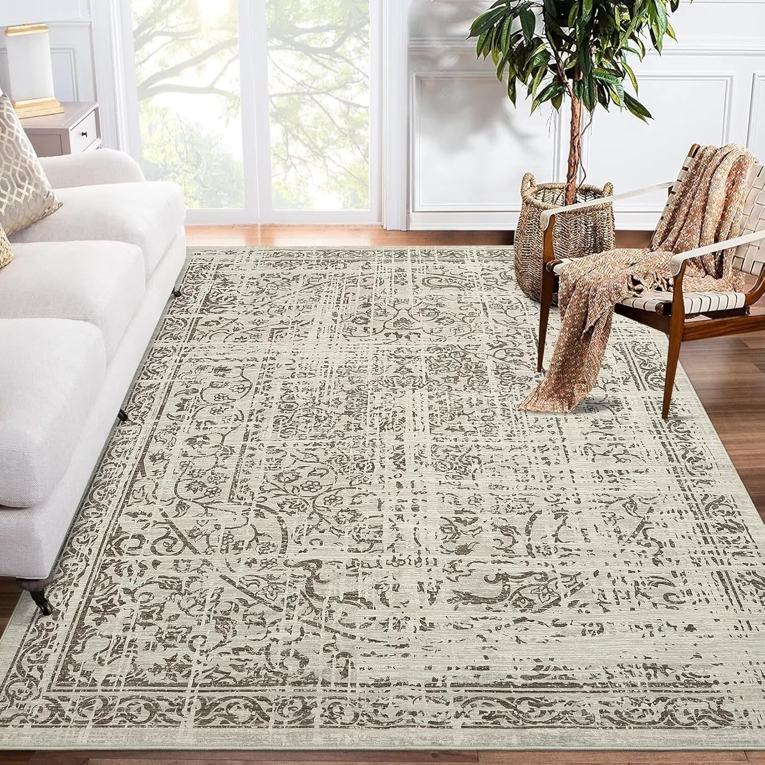 FairOnly Large Area Rugs 8'x10' Vintage Distressed Washable Carpet for Bedroom Camel Stain-Resistant for Home Office
