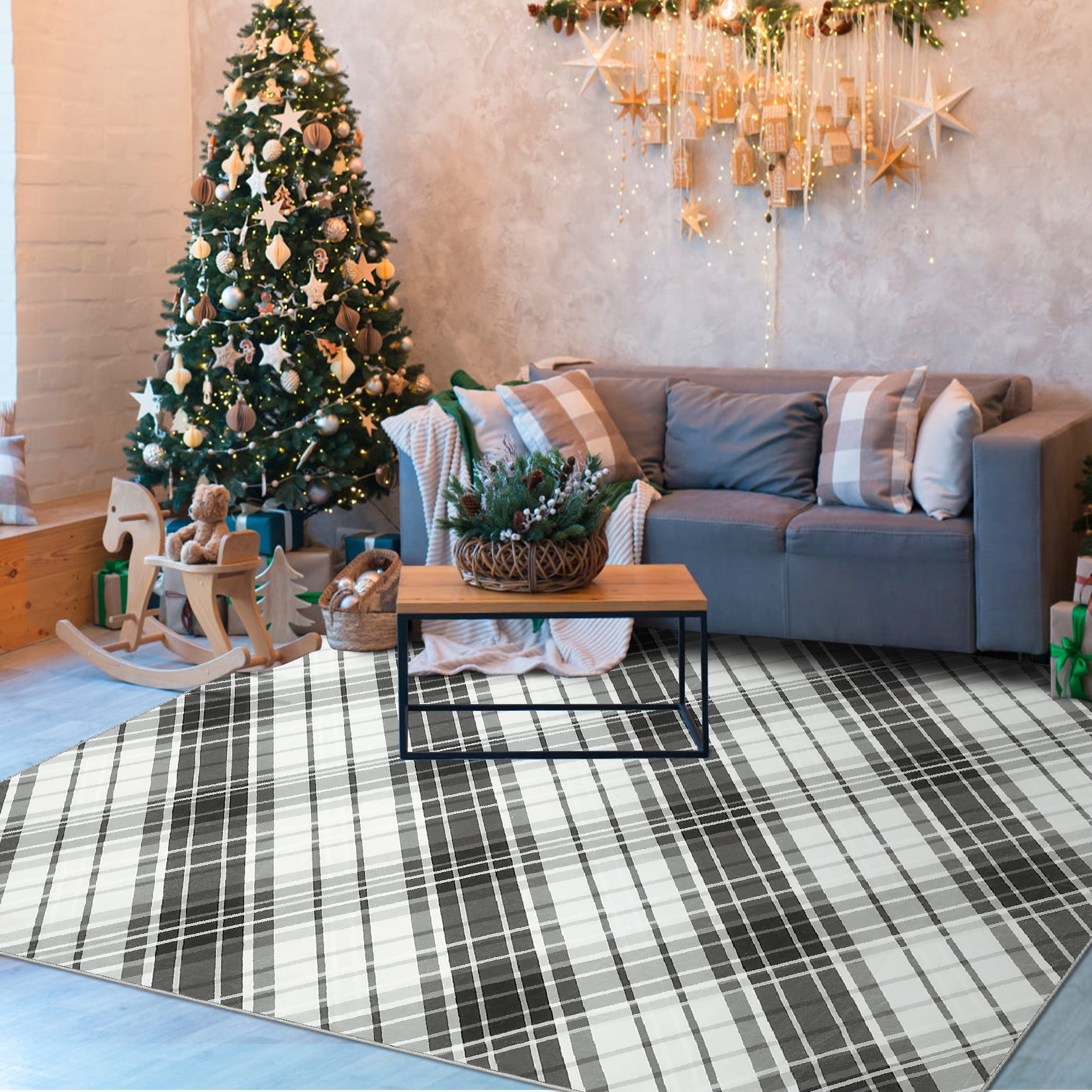 FairOnly Large Low Pile Stain Resistanta Area Rug for Living Room Bedroom 9' x 12' Plaid Design Area Rug, Black-gray