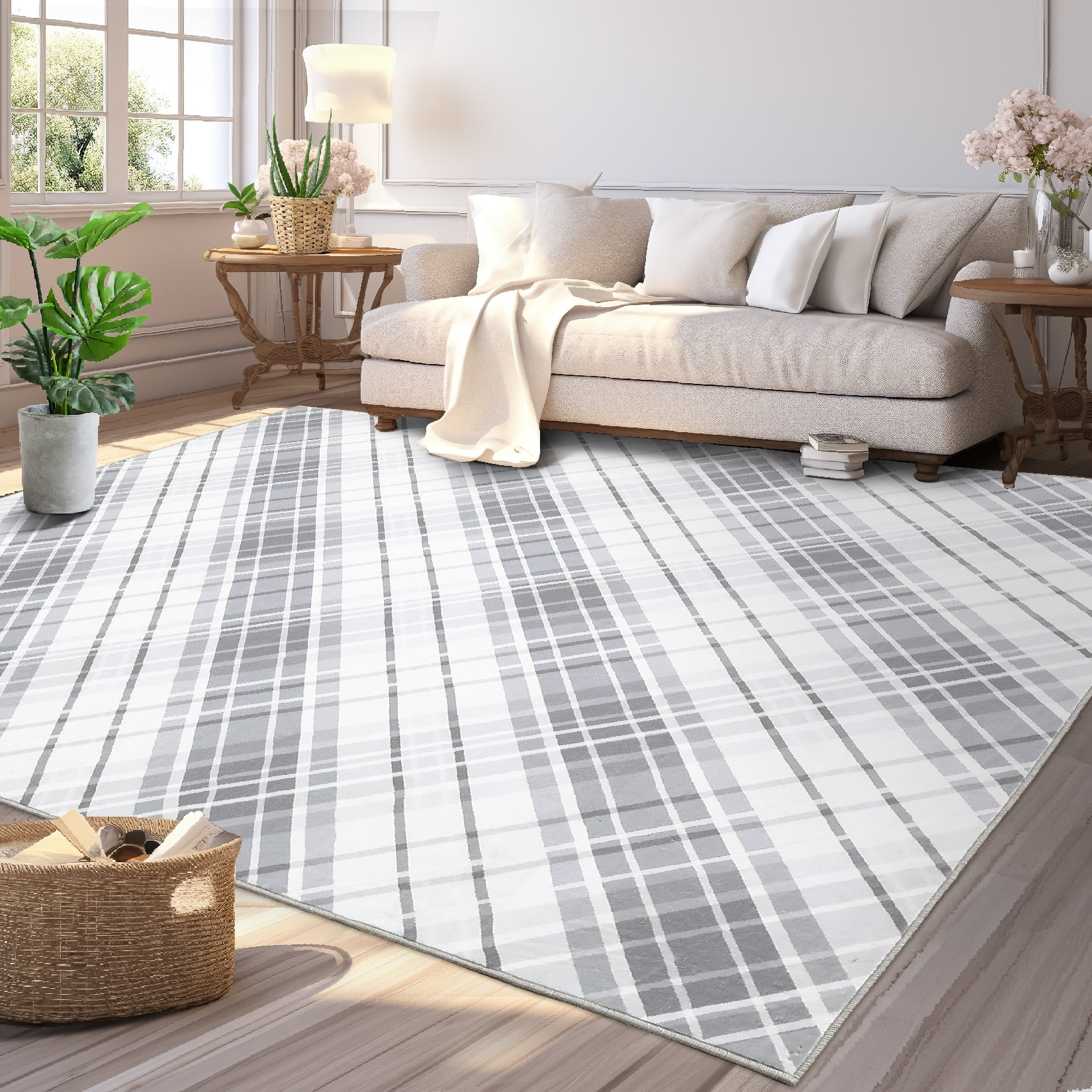 FairOnly Large Low Pile Stain Resistanta Area Rug for Living Room Bedroom 9' x 12' Plaid Design Area Rug, Light gray