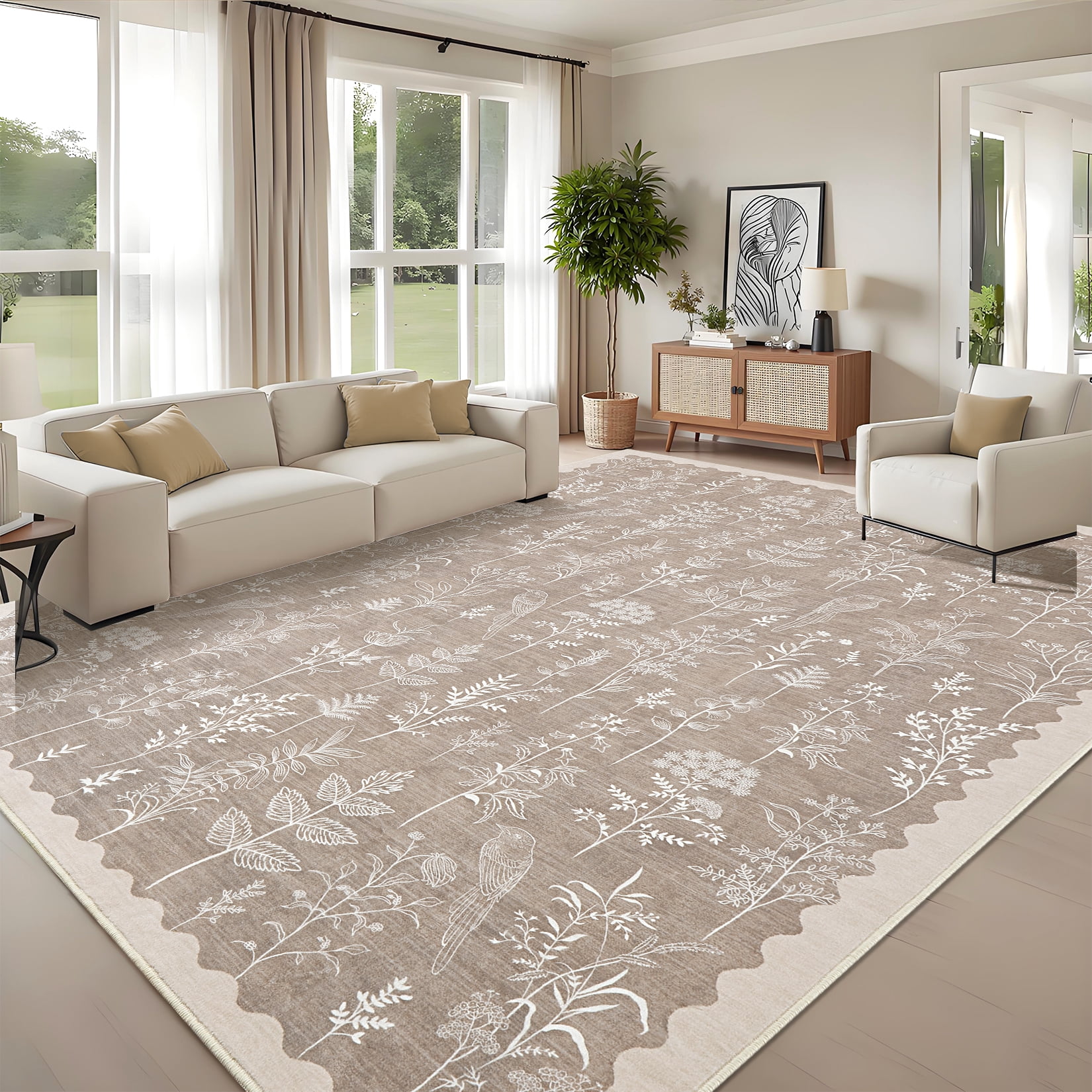 FairOnly Lght Brown 5'x7'Low Pile Flower Print Area Rug Non Slip Non Shedding ug for Living Room Bedroom Kitchen