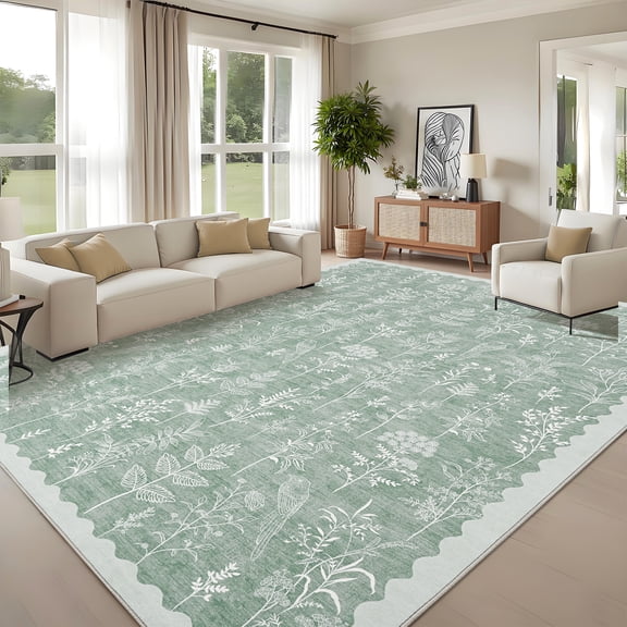 FairOnly Light Green 8'x10'Low Pile Mordern Flower Printed Area Rug for Bedroom Kid's Room Non Slip Ultra Thin & Soft Rugs for Kitchen