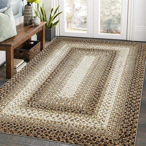 FairOnly Low Pile Indoor Soft Floor Cover 3' x 5' Printed Braided Entryway Rug Washable Rug Non-Slip Carpet, Beige