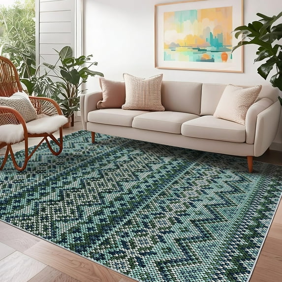 FairOnly Machine Washable 8'x10'Blue Green Boho Print Area Rug Non Slip Stain Resistant Foldable Carpet for Living Room Kitchen