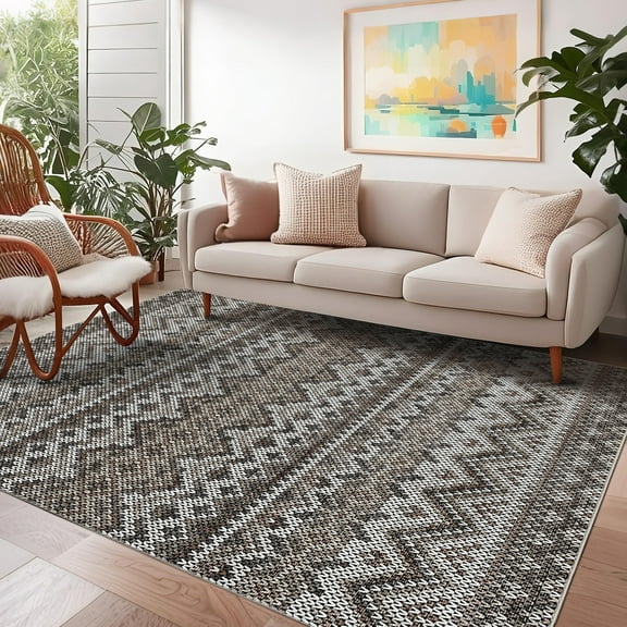 FairOnly Machine Washable 8'x10'Brown Boho Print Area Rug Non Slip Stain Resistant Foldable Carpet for Living Room Kitchen