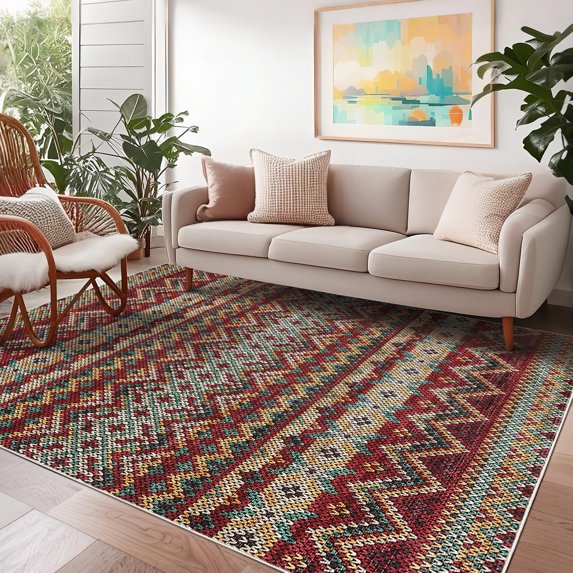 FairOnly Machine Washable 8'x10'Dark Red Boho Print Area Rug Non Slip Stain Resistant Foldable Carpet for Living Room Kitchen