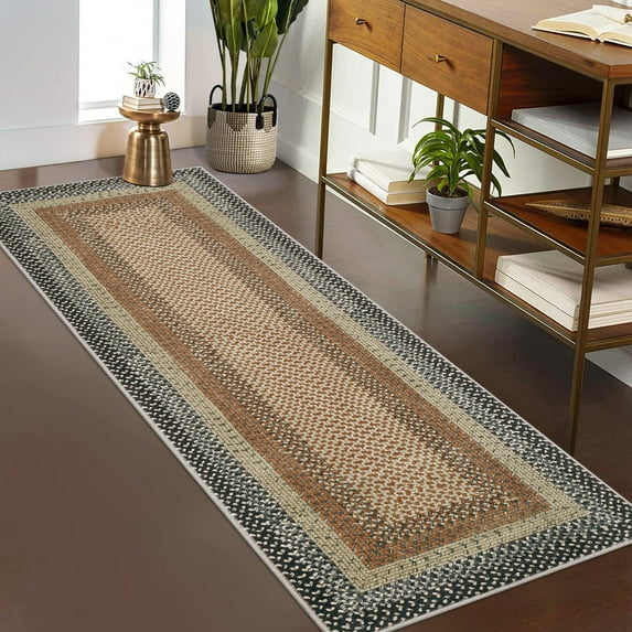FairOnly Machine Washable Low Pile Brocade 2'x8'Runner Rug Textured Geometric Non Slip NonShedding Rug for Kitchen Hallway,Orange Green