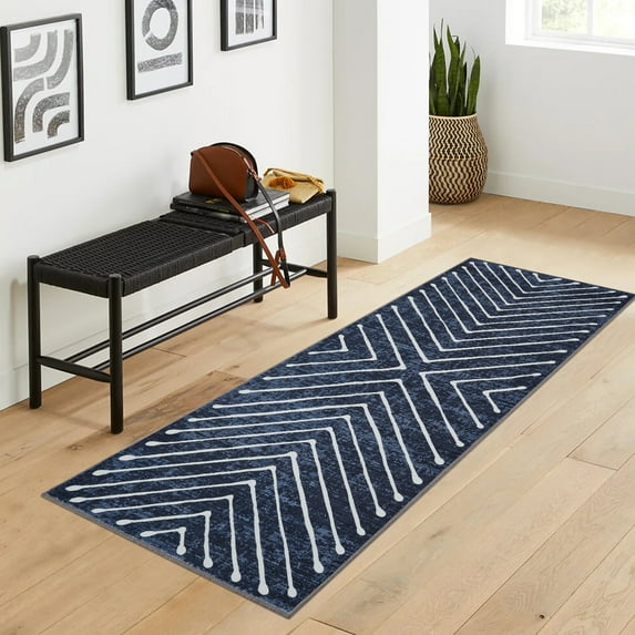 FairOnly Modern 2'x10'Runner Rug with Symmetrical Fine Lines Machine Washable Low Pile Non-Slip Geometric Rugs for Bedroom Kitchen,Blue