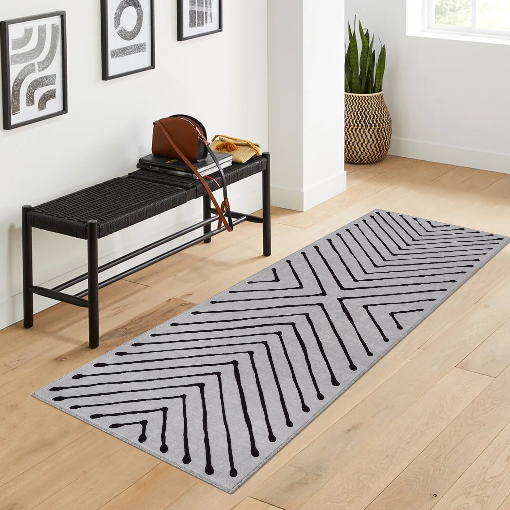 FairOnly Modern 2'x6'Runner Rug with Symmetrical Fine Lines Machine Washable Low Pile Non-Slip Geometric Rugs for Bedroom Kitchen,Beige White