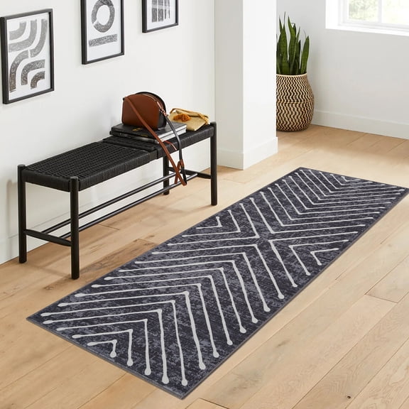 FairOnly Modern 2'x6'Runner Rug with Symmetrical Fine Lines Machine Washable Low Pile Non-Slip Geometric Rugs for Bedroom Kitchen,Dark Grey
