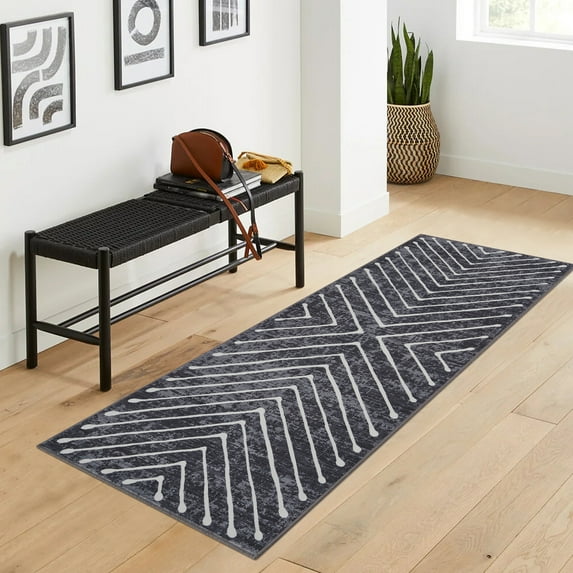 FairOnly Modern 2'x8'Runner Rug with Symmetrical Fine Lines Machine Washable Low Pile Non-Slip Geometric Rugs for Bedroom Kitchen,Dark Grey