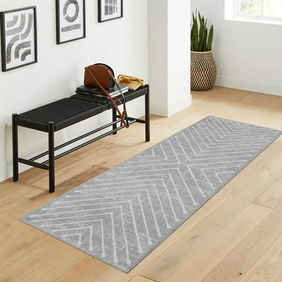 FairOnly Modern 2'x8'Runner Rug with Symmetrical Fine Lines Machine Washable Low Pile Non-Slip Geometric Rugs for Bedroom Kitchen,Light Grey