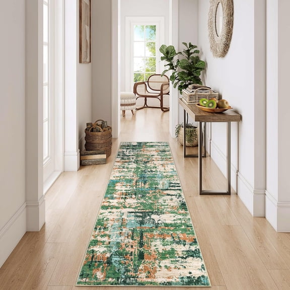 FairOnly Modern Abstract Green 2'x6'Runner Rug Non Slip Non Shedding Stain Resisitant Indoor Floor Cover for Bedroom Dining Room