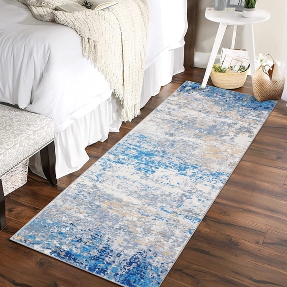 FairOnly Modern Abstract Machine Washable 2'x6'Runner Non Slip Non Shedding Floor Rug for Hallway Kitchen Bathroom,Grey Blue