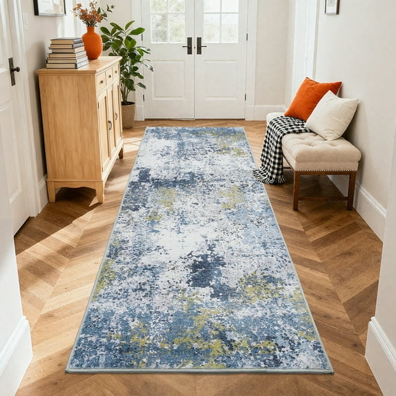 FairOnly Modern Abstract Machine Washable 2'x6' Runner Rug for Hallway Ultra Thin Low Pile Foldable Non Slip Floor Cover for Kitchen Laundry,Blue Yellow
