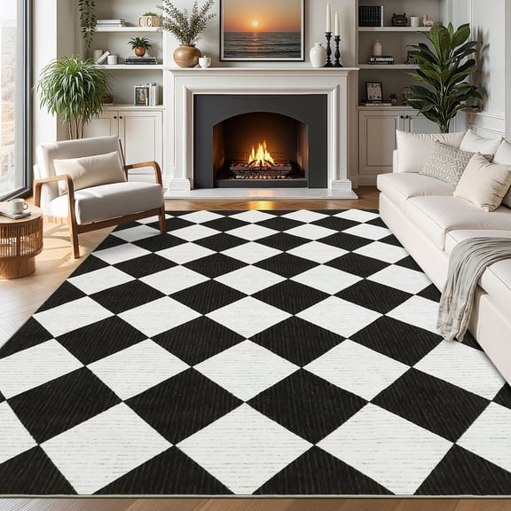 FairOnly Modern Diamond Grid 5'x7'Area Rug Machine Washable Low Pile Non Slip Carpet for Living Room Home Office,Black White