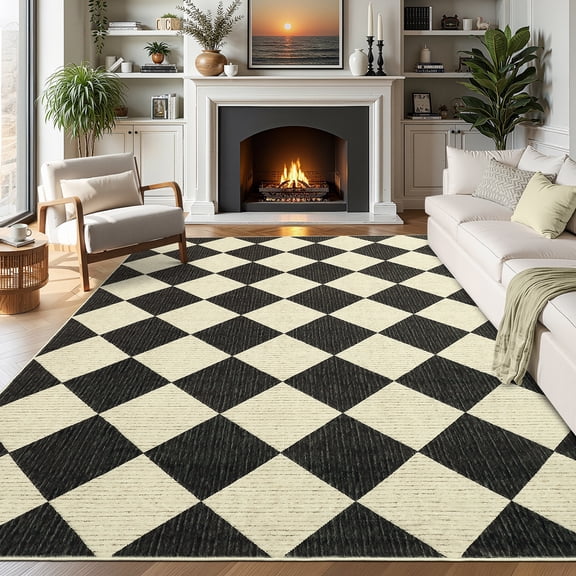 FairOnly Modern Diamond Grid 8'x10'Area Rug Machine Washable Low Pile Non Slip Carpet for Living Room Home Office,Black Coffee