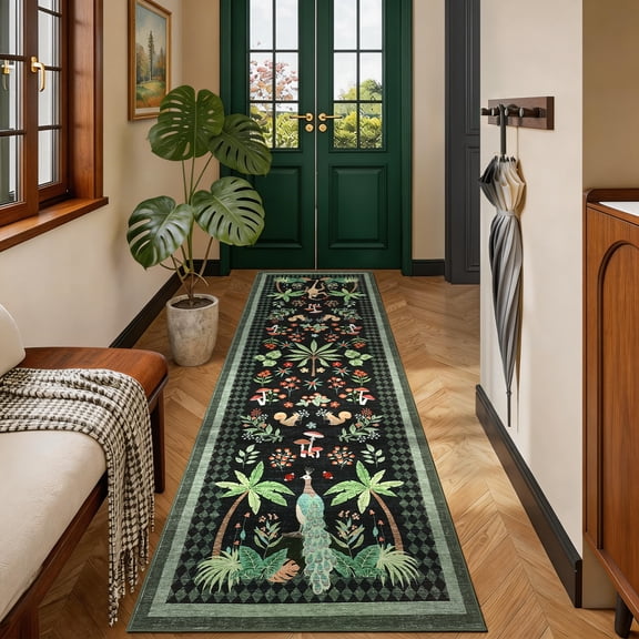 FairOnly Modern Dynamic Rainforest 2'x6'Runner Rug Machine Washable Non Slip Ultra Thin Carpet for Kitchen Bathroom,Black