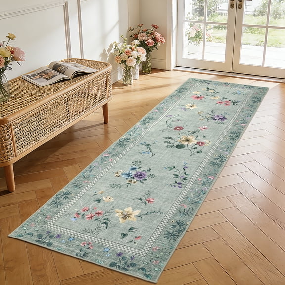FairOnly Modern Flower Printed Washable 2'x6'Runner Rug Low Pile Stain Resistant Non Slip Carpet for Hallway Kitchen Entrance,Green