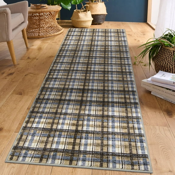 FairOnly Modern Geometric Plaid Non Slip 2'x6'Runner Rug British Style Machine Washable Soft Non Shedding Rug for Kitchen Hallway,Blue Camel