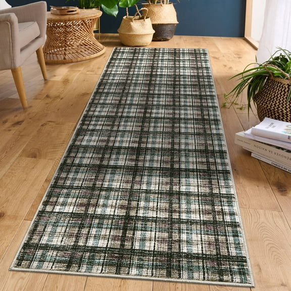 FairOnly Modern Geometric Plaid Non Slip 2'x6'Runner Rug British Style Machine Washable Soft Non Shedding Rug for Kitchen Hallway,Brown