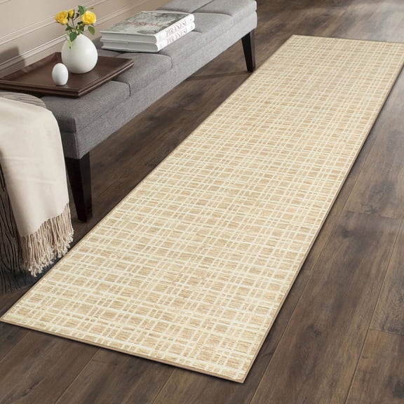FairOnly Modern Grid Yellow 2'x6' Runner Rugs for Hallway Low Pile Non Slip Soft Foldable Floor Rug for Kitchen Laundry