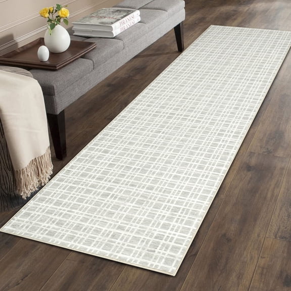 FairOnly Modern Grid Yellow Dark Grey Light Grey 2'x6' Runner Rugs for Hallway Low Pile Non Slip Soft Foldable Floor Rug for Kitchen Laundry