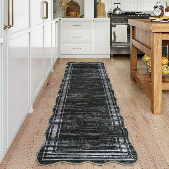 FairOnly Modern Machine Washable Plain 2'x6'Runner Rug with Ruffled Border Non Slip Soft Carpet for Living Room Kitchen Entrance,Black