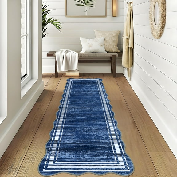 FairOnly Modern Machine Washable Plain 2'x6'Runner Rug with Ruffled Border Non Slip Soft Carpet for Living Room Kitchen Entrance,Navy Blue