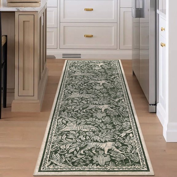 FairOnly Modern Non Slip Machine Washable Wild Tiger Printed 2'x6' Runner Rug Stain Resistant Soft Foldable for Hallway Bedroom Kitchen,Green
