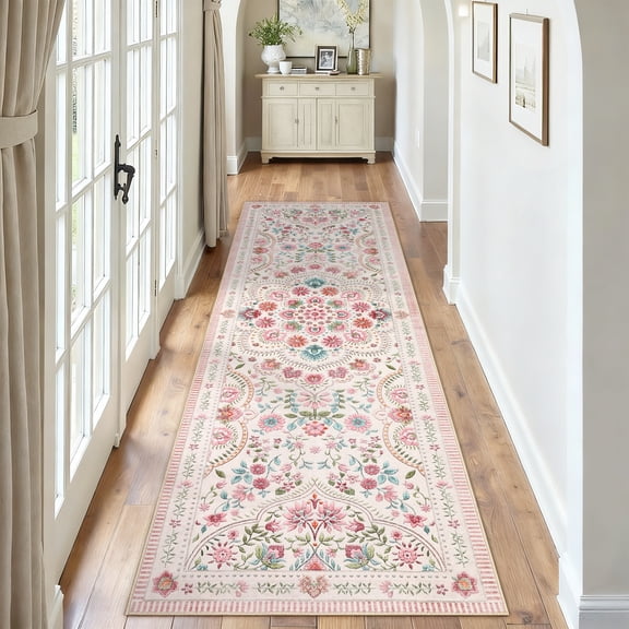 FairOnly Modern Pastoral Flower Pattern Beige Pink 2'x6'Runner Rug Low Pile Non Slip Machine Washable Mat for Kitchen Dining Laundry
