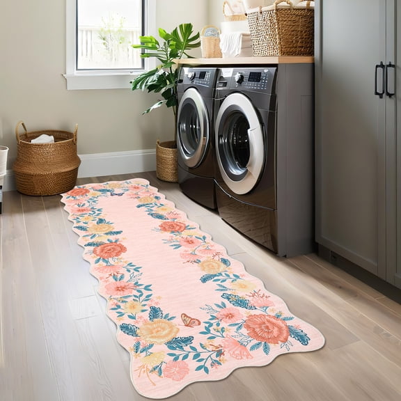 FairOnly Modern Pastoral Pink 2'x6'Runner Rug for Living Room Machine Washable Ultra Thin Non-Slip Garden Rug for Hallway Kitchen