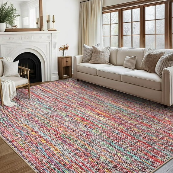 FairOnly Multicolor 9'x12'Contemporary Non Slip Area Rug for Bedroom Stain Resistant Low Pile Herringbone Pattern Soft Floor Rug for Living Room Kitchen