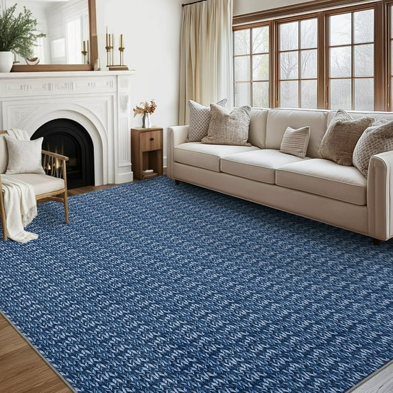 FairOnly Navy Blue 10'x13'Contemporary Non Slip Area Rug for Bedroom Stain Resistant Low Pile Herringbone Pattern Soft Floor Rug for Living Room Kitchen
